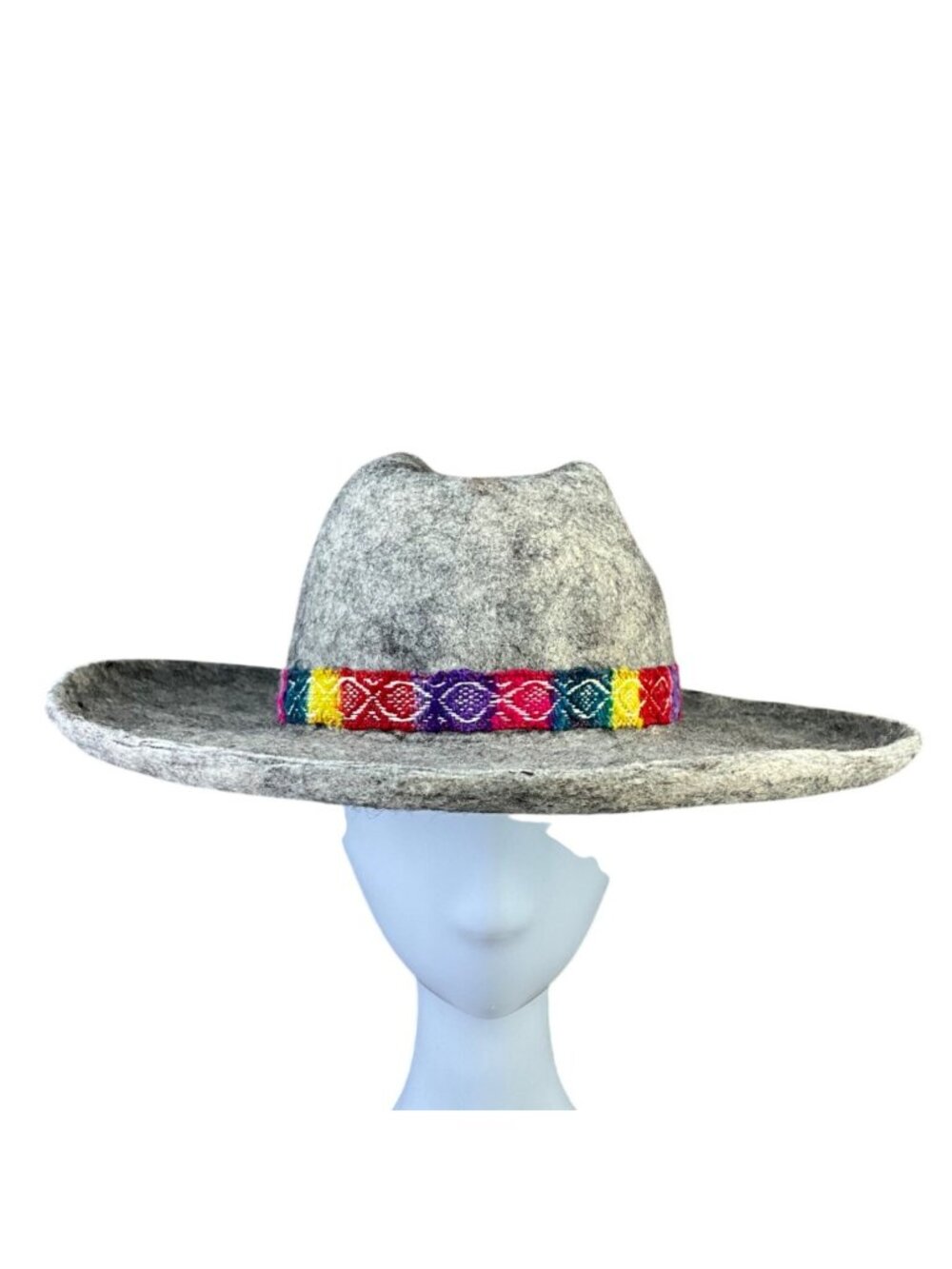 Wool Unisex Gray Handmade Wide-Brim Hat With Vibrant Multicolor Woven Band